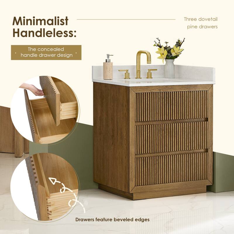Navan Bathroom Vanity in Weathered Brown with Grain White Engineered Stone Countertop No Mirror