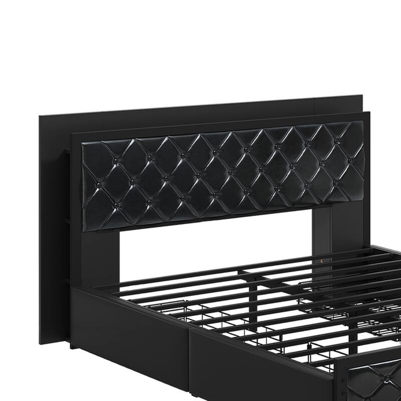 Moasis Queen Bed Frame with Headboard & 4 Storage Drawers, Modern Upholstered Faux Leather Platform Bed