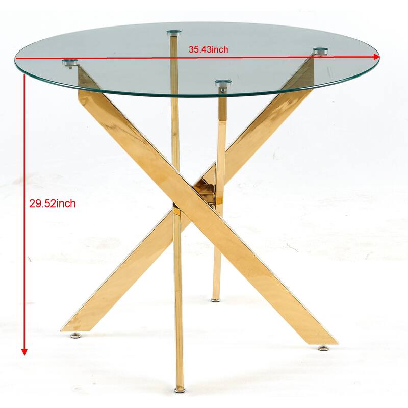 Modern Round Glass Dining Table for 4-6, Kitchen Table with Glass Top & Metal Cross Legs, Circular Table for Small Space