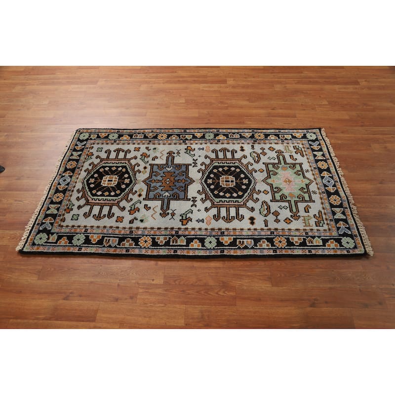 Hand Knotted Oriental 100% Wool Carpet Transitional Geometric Greys & Charcoal Khotan Area Rug - 5' 1'' X 3' 0''