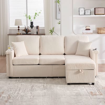 Corduroy L-shape Chaise Sectional Sofa with Storage Ottoman, Drawers, USB/Type-C Ports, Cup Holders, Light Strip and Side Pocket