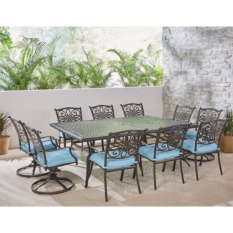 Hanover Traditions 11-Piece Dining Set in Blue with Four Swivel Rockers, Six Dining Chairs, and an Extra-Long Dining Table