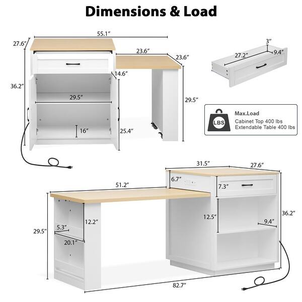 dimension image slide 1 of 2, Kitchen Island With Extendable Dining Table For 4-6 Person,Two-tone Kitchen Table with Double-sized Storage,Power Outlet