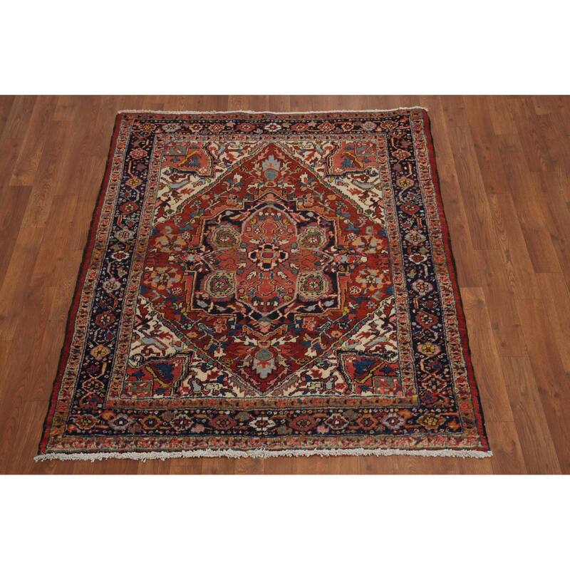 Hand Knotted Oriental 100% Wool Carpet Traditional Medallion Oranges & Rust Heriz (serapi) Area Rug - 4' 6'' X 4' 0''