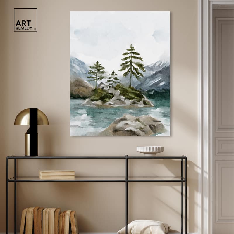 Art Remedy Cold Winter Lake Gallery Wrapped Landscape 1 Piece Canvas Wall Art Watercolor Style