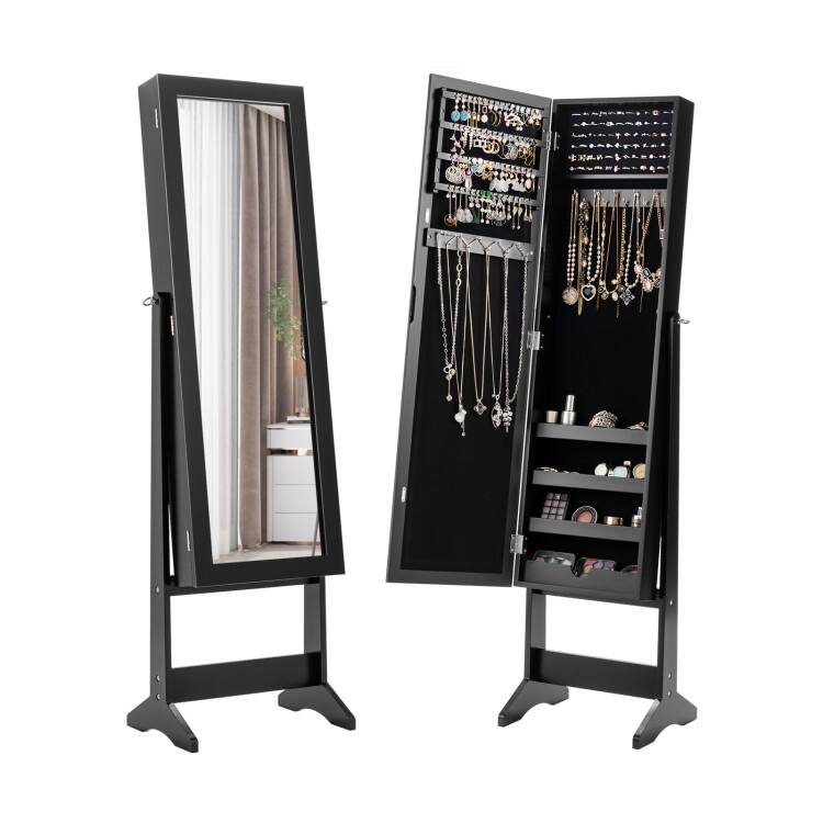 Mirrored Standing Jewelry Cabinet Storage Box - 13" x 14.5" x 56" (L x W x H) - Black