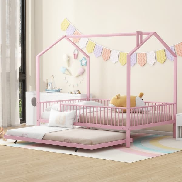 slide 2 of 17, Contemporary Mordern Design Full Size House Platform Bed,Solid Metal Bed with Trundle,Semi-Enclosed Fence Pink