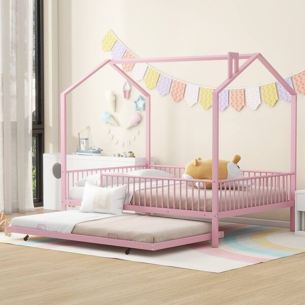 slide 2 of 7, Metal Full Size House-shaped Platform Bed with Full-length Fence and Trundle Pink