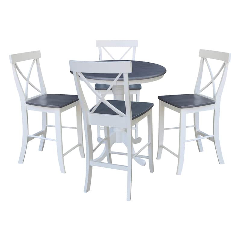 36 in Solid Wood Round Pedestal Gathering Height Dining Table with 4 X-back Counter Height Stools