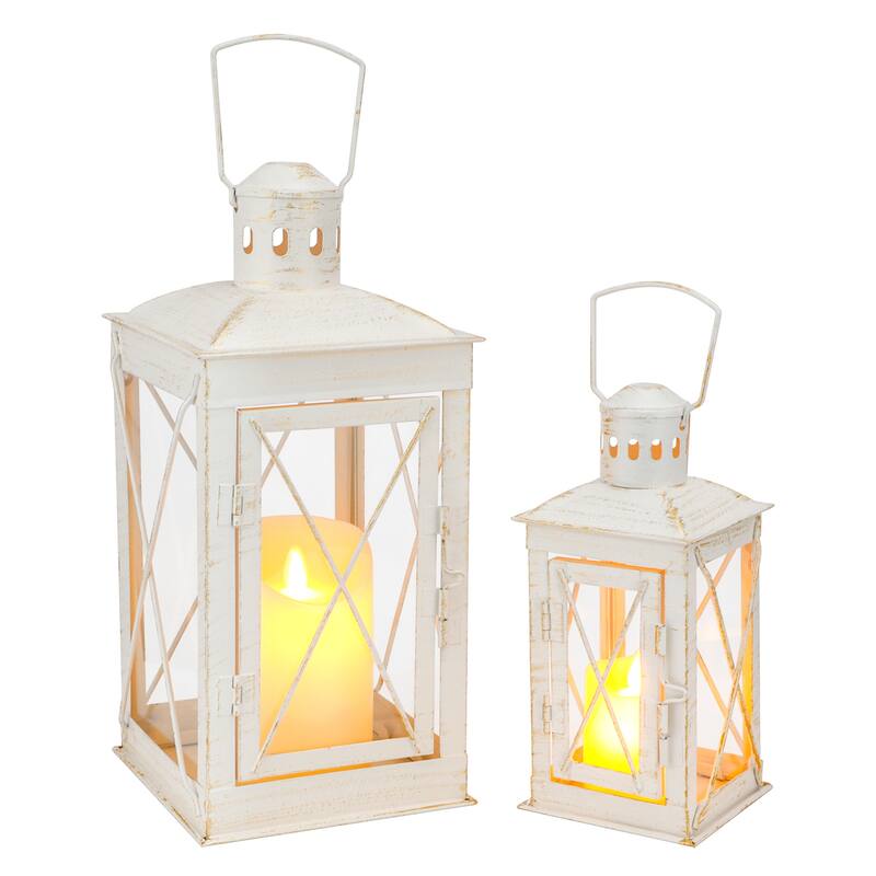 Set of Two Clear And White Glass And Metal Tabletop Lantern Candle Holders