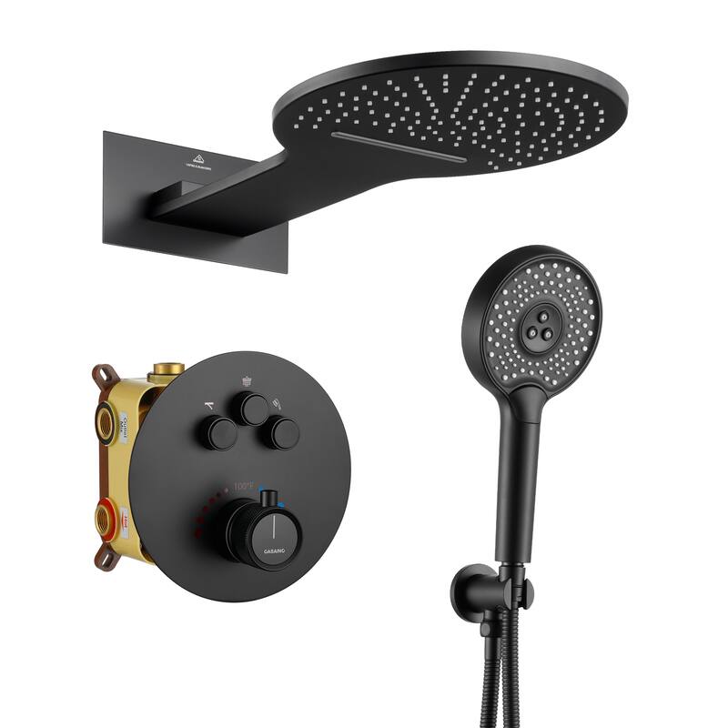 CASAINC 2-function Luxury Thermostatic Dual Shower Faucet Shower System with Waterfall Shower Head - Matte Black