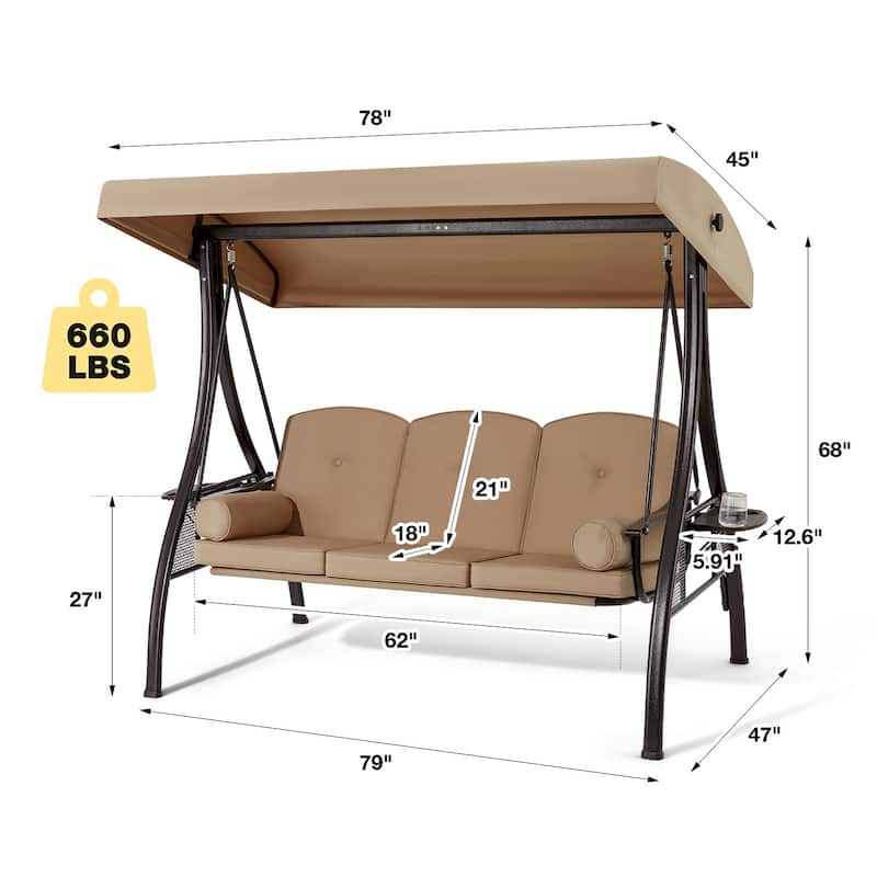 3-Seat Patio Swing with Adjustable Canopy, 750lbs Heavy Duty, Convertible Outdoor Bed, All-Weather, Cup Holders & Thick Cushions