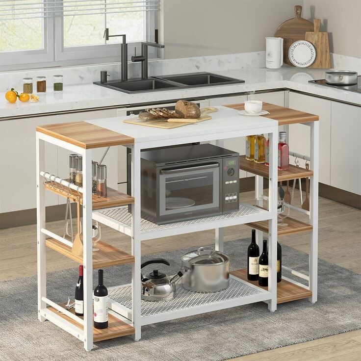 Multifunction Kitchen Island with Open Shelves, Spice Rack & 12 Hooks -  43.3 × 19.7 × 35.4 Inches