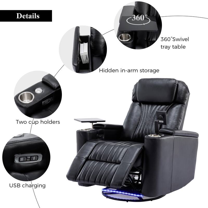 270° Power Swivel Recliner,Home Theater Seating With Hidden Arm Storage and LED Light Strip,Cup Holder