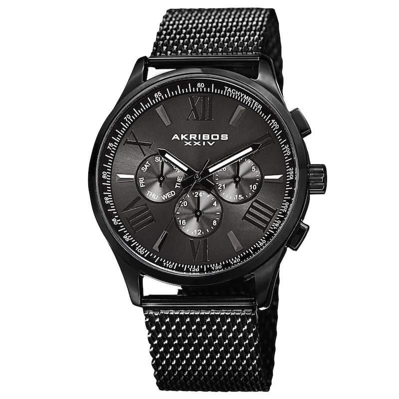 Akribos XXIV Men's Swiss Quartz Multifunction Dual Time Stainless Steel Black Bracelet Watch