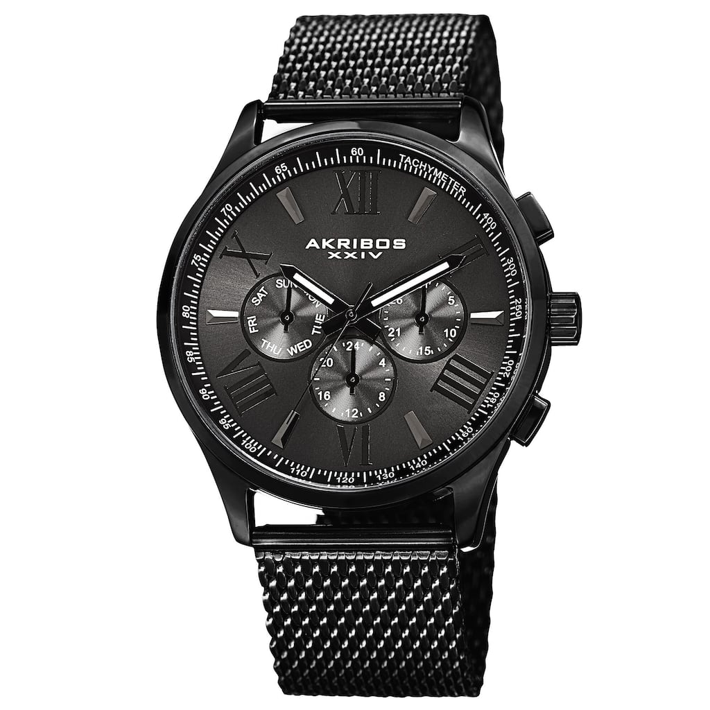 Akribos XXIV Men's Swiss Quartz Multifunction Dual Time Stainless Steel Black Bracelet Watch
