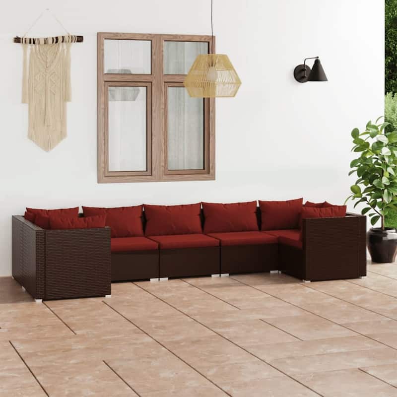 vidaXL 7 Piece Patio Lounge Set with Cushions Poly Rattan Brown - 27.6" x 27.6" x 24" - 27.6" x 27.6" x 24" - Brown/Cinnamon red 7 x Seat cushion