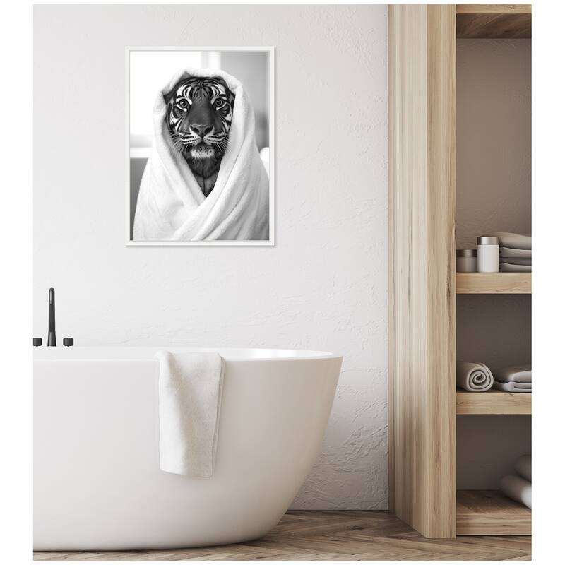 Kate and Laurel Sylvie Tiger Bathroom Art Towel Robe Black and White Framed Canvas by The Creative Bunch Studio
