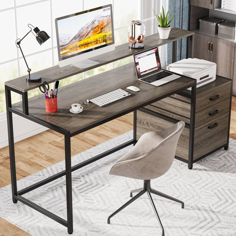 63 Inch Computer Desk with 3 Drawers, Modern Office Table with Monitor Stand and Printer Space for Home Office - Grey+Black