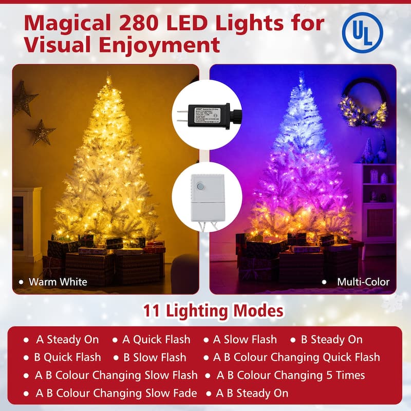 Pre-Lit White Christmas Tree with LED Lights and 11 Lighting Modes PVC Metal Holiday Tree with Stand