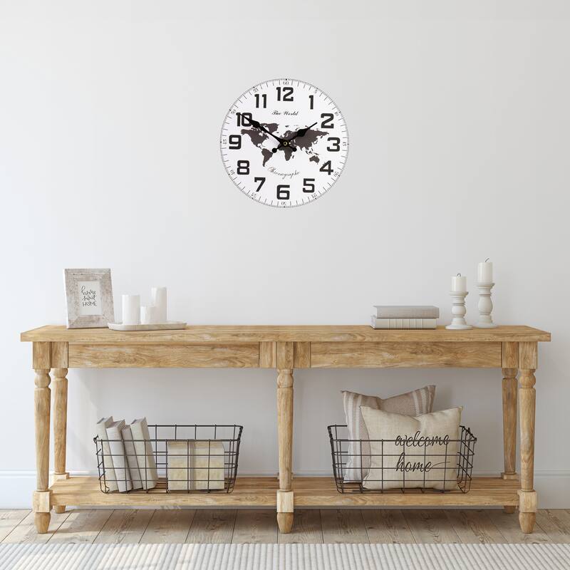 12" White Black B/O Round Wall Clock with Continent Design