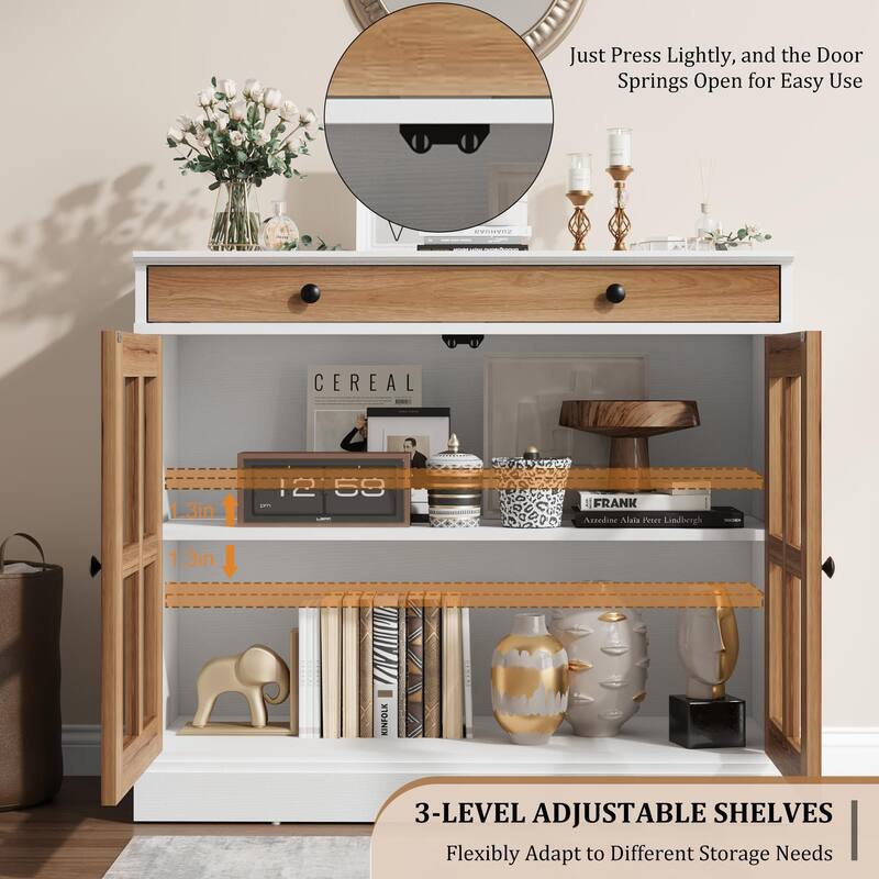 35.4" Sideboard Buffet Cabinets with Glass Door,Buffet Cabinet with Storage,White&Brown Sideboard Cabinet with Drawer