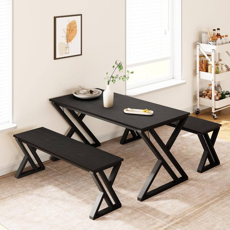 Kitchen Room Dining Table Set with Benches for 4 for Kitchen, Apartment, Studio - Black