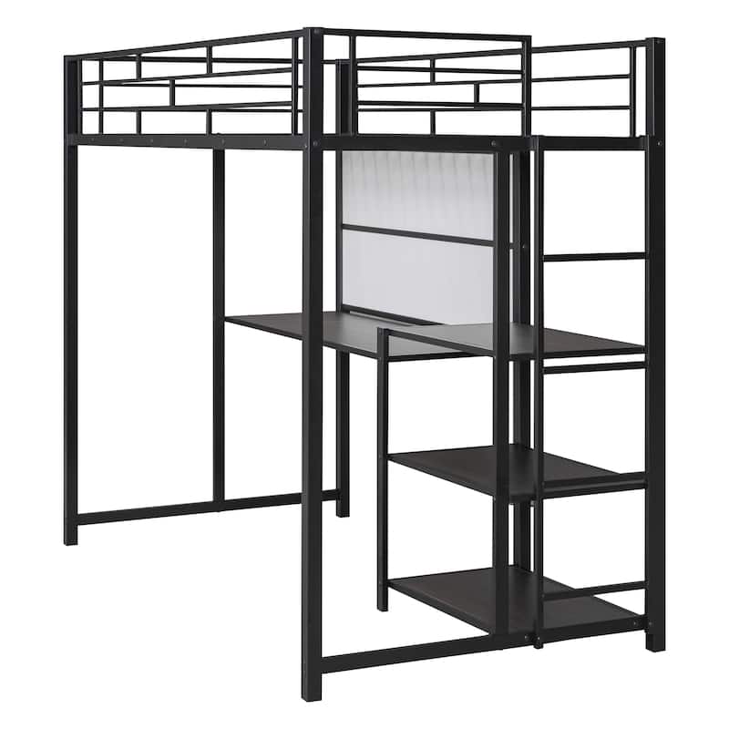 Twin Size Loft Bed with Desk & Whiteboard Metal Loft Bed w/ 3 Shelves ...