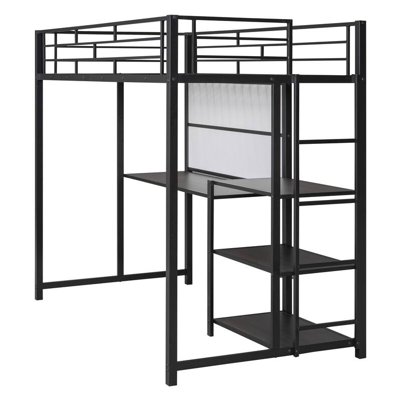 Twin Size Metal Loft Bed with Desk, Whiteboard, Shelves, and Ladder