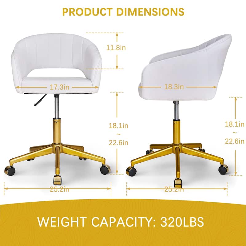 VECELO Multipurpose White 360° Swivel Office Chair Height Adjustable Gold Base Sturdy Task Chair for Home Office Salon