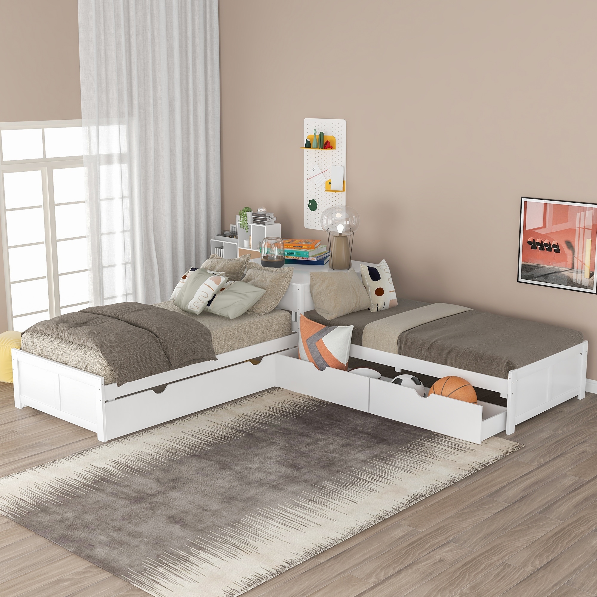 L shaped twin beds with shop trundle