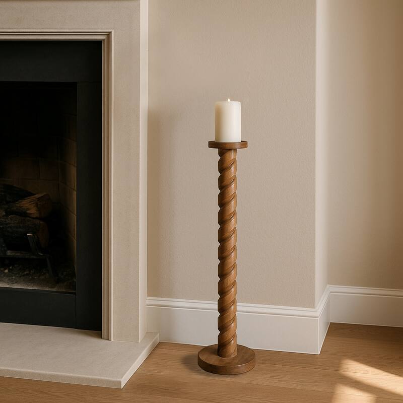 Wood Spiral Floor Pillar Candle Holder - Brown, 36 in.