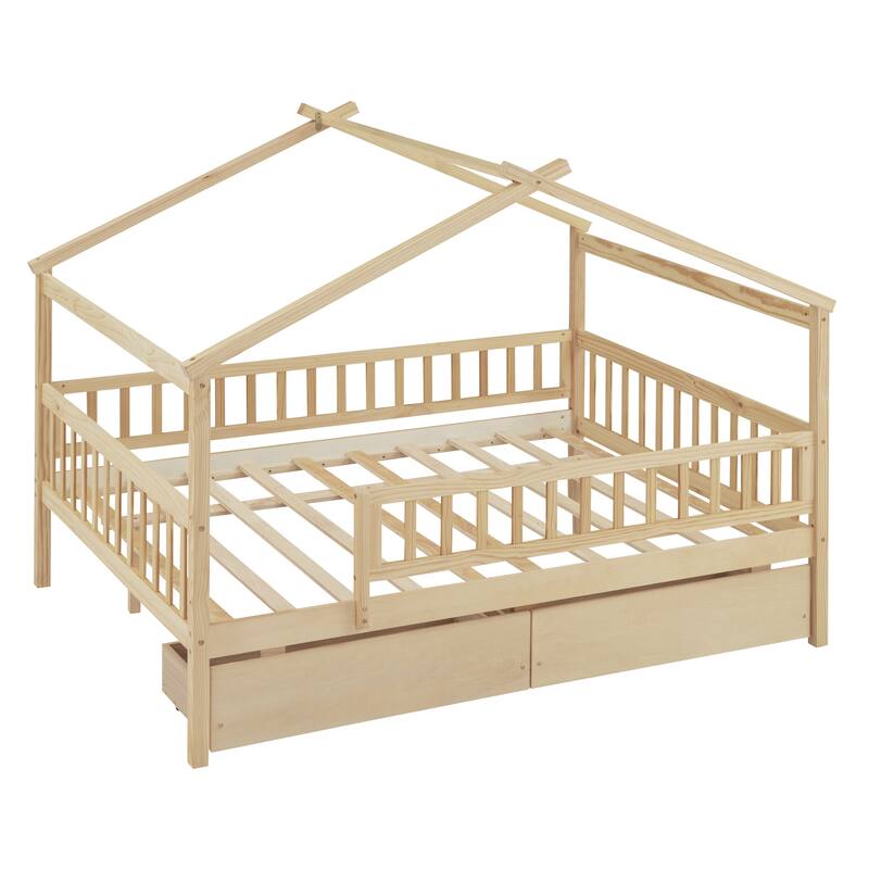 Full Size Wooden House Bed with Two Drawers and Roof Design for Kids