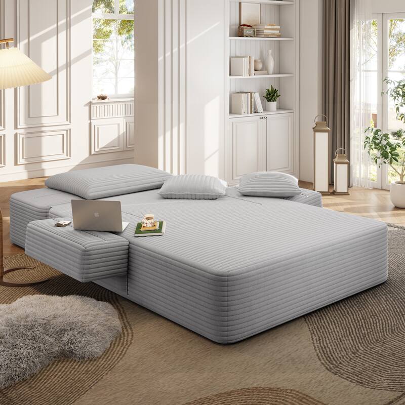 Luxurious Plush Corduroy Chaise Lounge Convertible Sofa Bed with Storage Pocket and Wide Armrests