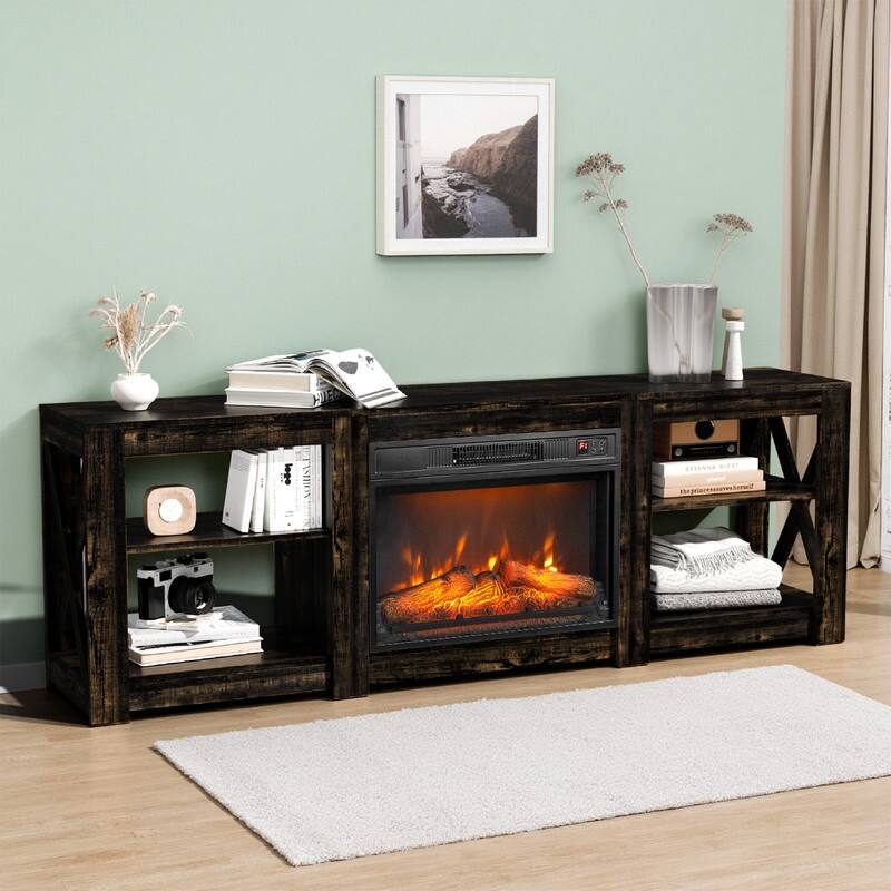 Farmhouse 70'' TV Stand For Tvs Up To 70'' With 23'' Electric Fireplace and Adjustable Shelves