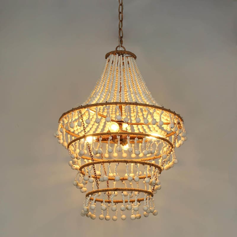 Renia Modern Farmhouse Rustic Costal Lantern Wood Beaded Chandelier 4-light Tiered Ceiling Light - 17" W x 85" H