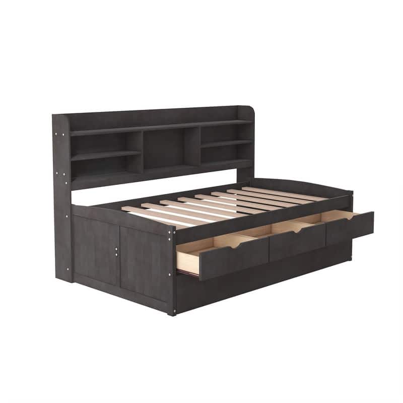 Wooden Bed with Built-in Bookshelves,Three Storage Drawers and Trundle