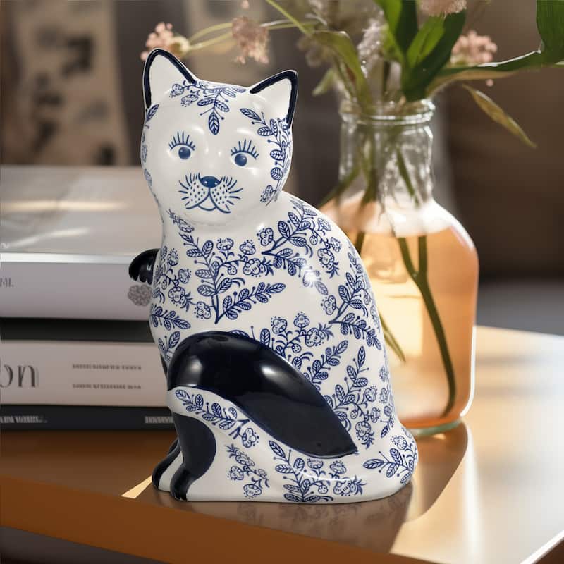 Ceramic Cat Sculpture Contemporary Vintage Style Chinoiserie Blue and White Floral Cat Statue Cat Lover - Chinoiserie Blue/white - 6" x 5" x 10"