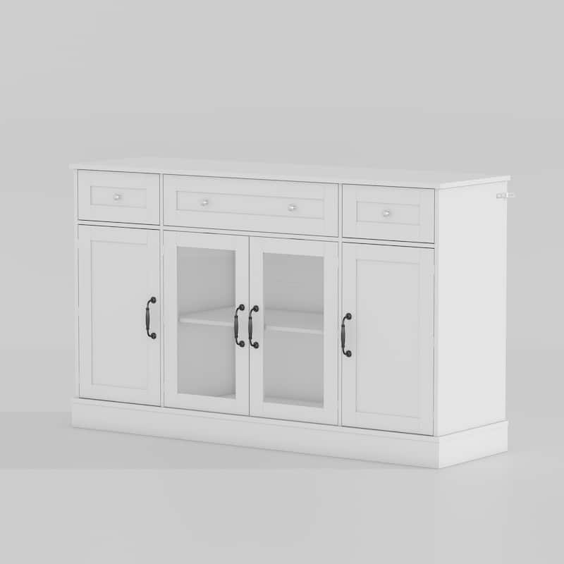 White Buffet Cabinet with 3 Drawers and 4 Doors, Glass Center Doors Sideboard