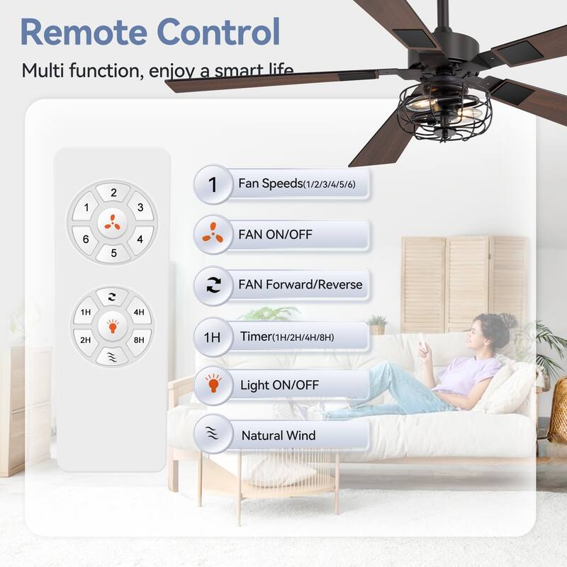 48-inch Reversible Wooden 5-Blades Ceiling Fan with Remote Light