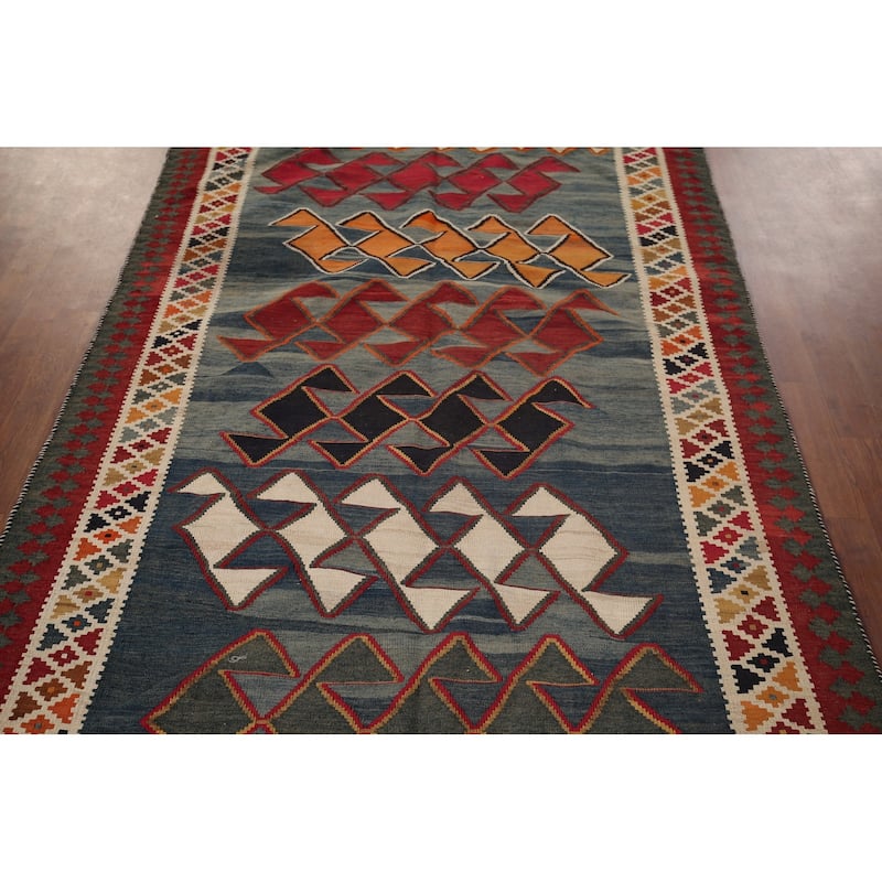 Kilim Qashqai Persian Vintage Rug Hand-Woven Blue Wool Carpet - 4'9"x 8'9"