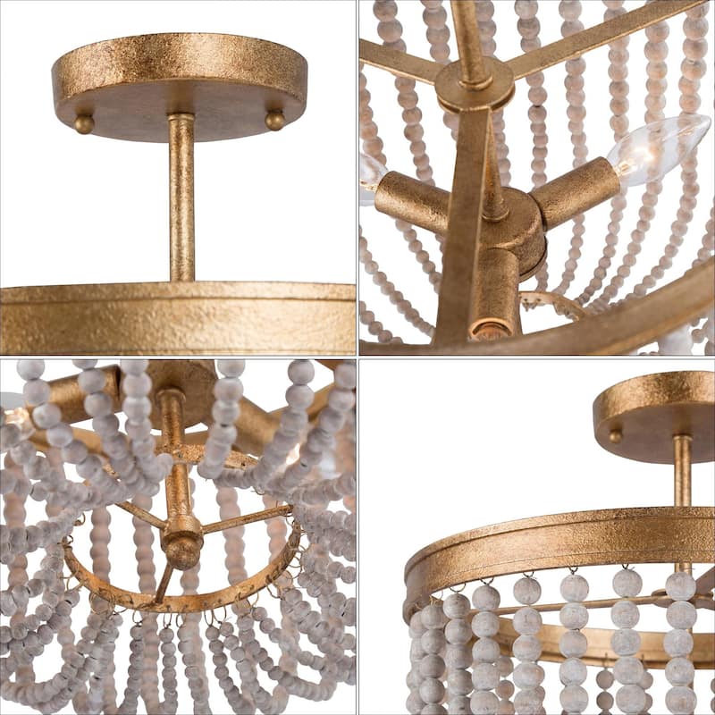 Boho Glam Gold Drum Chandelier 4-light Dimmable Distressed Wood Beaded Semi-flush Mount for Foyer - D 14" * H 15.7"