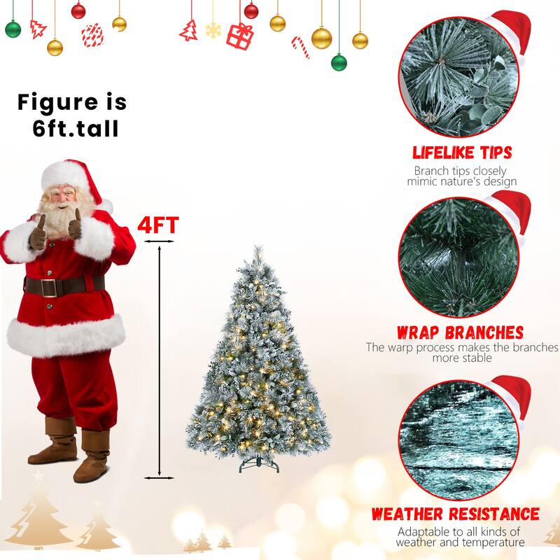 4FT Prelit Flocked Christmas Tree with Pine Needles & Eucalyptus Leaves,150 Warm White LED Lights,404 Tips, Hinged Branches