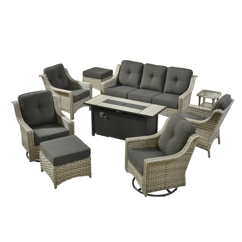 HOOOWOOO 9-piece Rattan Outdoor High Backrest Swivel Chair Set with 54"Fire Pit