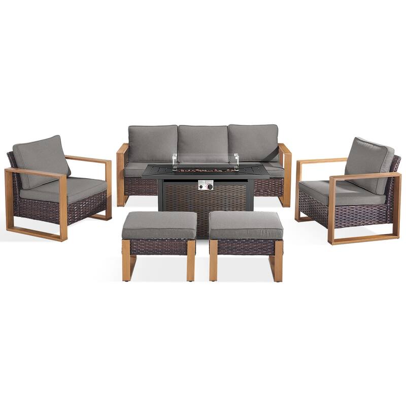 Meyreso Wicker Patio Conversation Set with Metal Fire Pit Table & Olefin Cushions