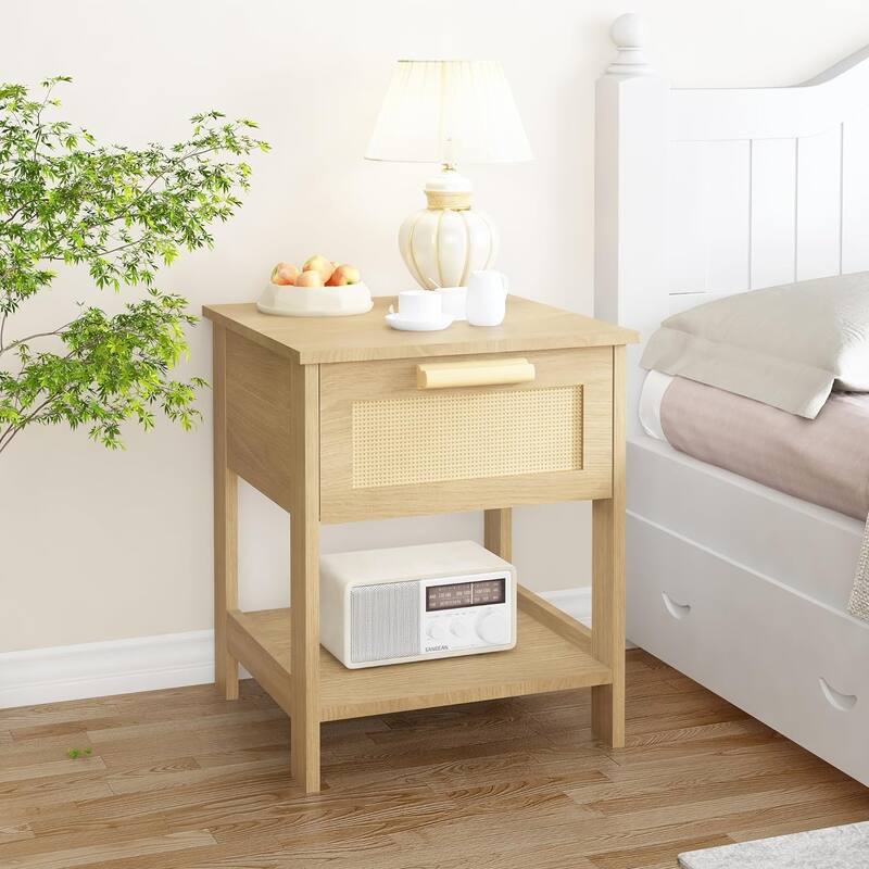 Nightstand, Side Table with Rattan Drawer and Opening Shelf, Wood Accent Table with Storage for Bedroom, Living Room - Natural