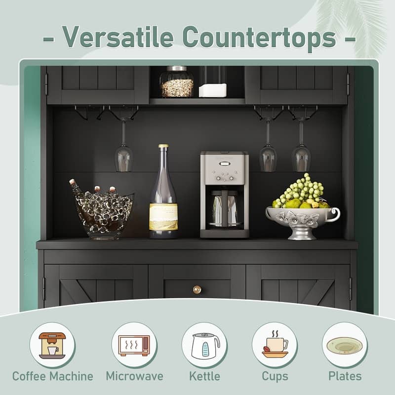 Farmhouse Home Bar Wine Storage Cabinet, Buffet Sideboard Kitchen Pantry with Adjustable Shelves, Drawers & Wine Glass Racks