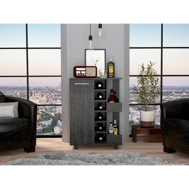 TUHOME Bar Cart, Two External Shelves, Four Casters, Six Built-in Wine Rack and Single Door Cabinet - 23" W x14"D x 32"H