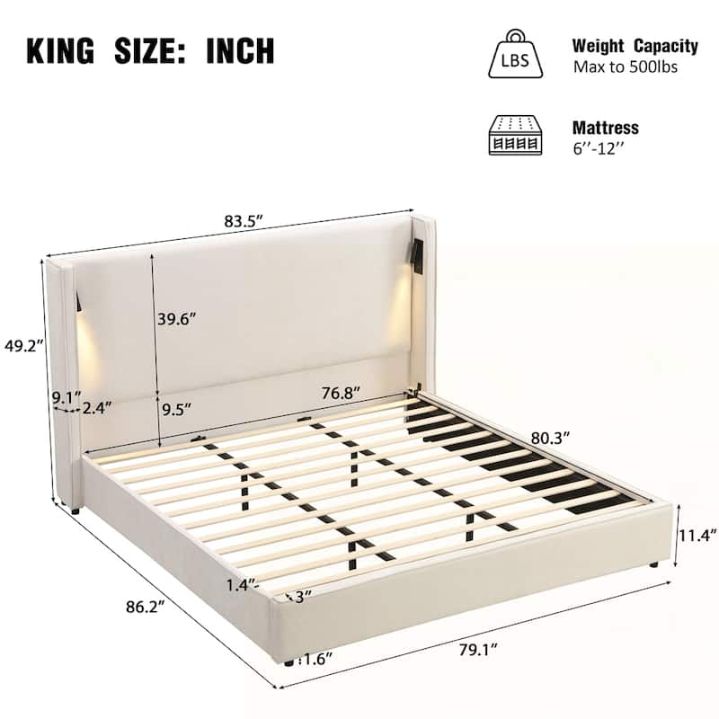 Upholstered Bed Frame with Reading Lamp and USB port