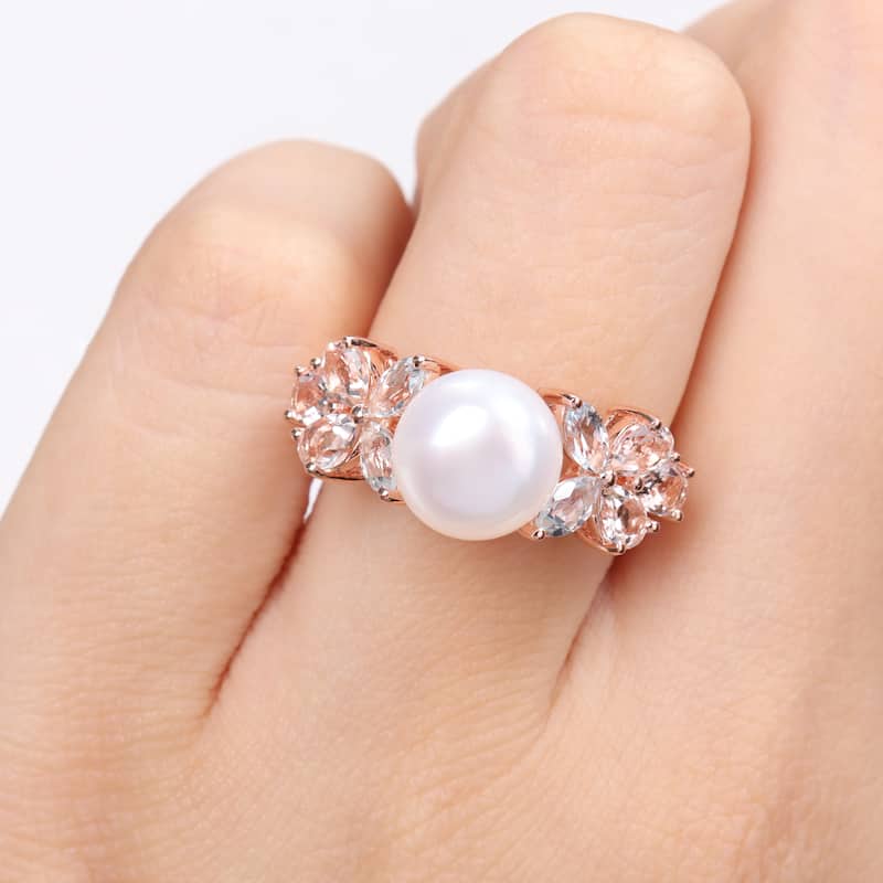 Miadora 8.5-9mm Cultured Freshwater Pearl and 1 2/5ct TGW Morganite Aquamarine White Topaz Cocktail Ring in 18k Rose Silver